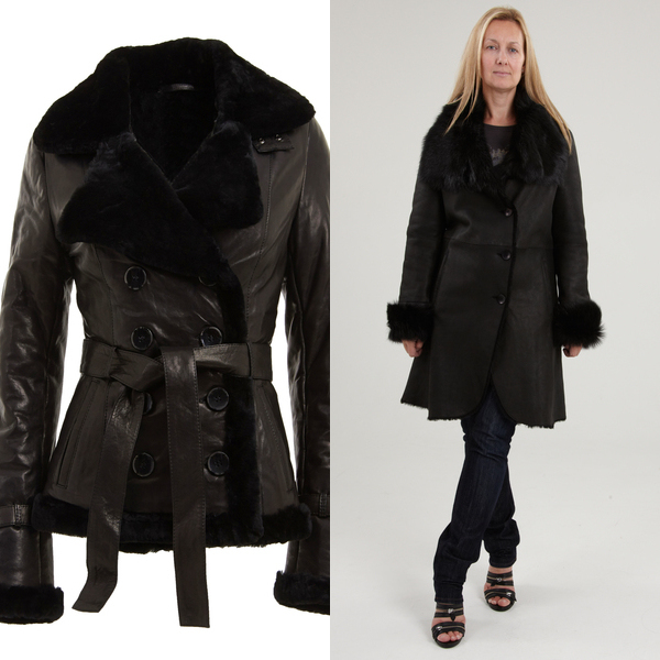 Womens Black Leather and Sheepskin Belted Coat