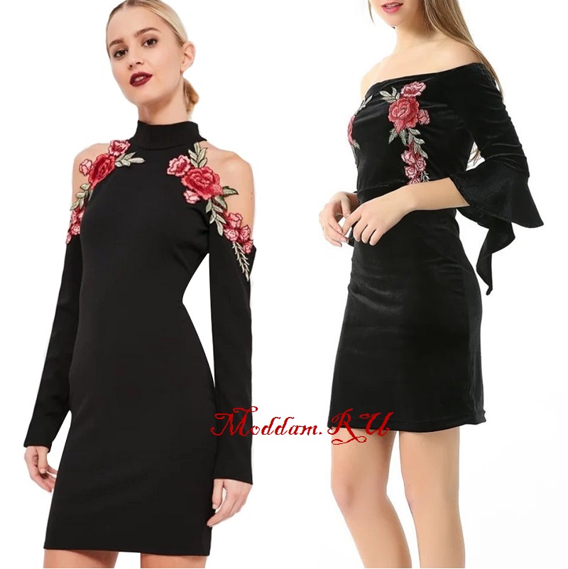 черные платья с цветочной вышивкой