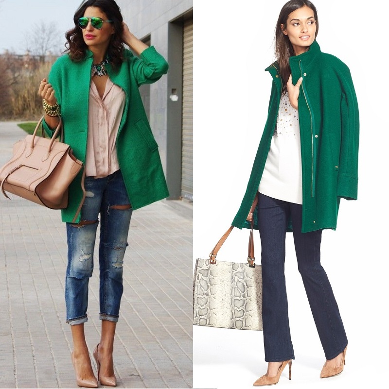 зеленое пальто с джинсами и рюками