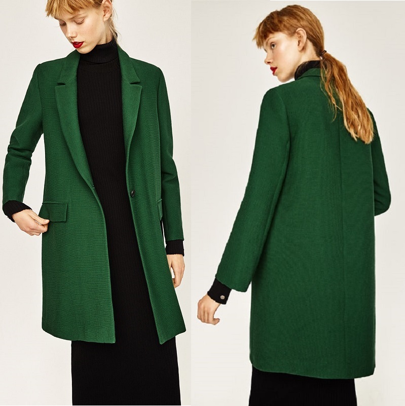 свободное драповое пальто зеленого цвета